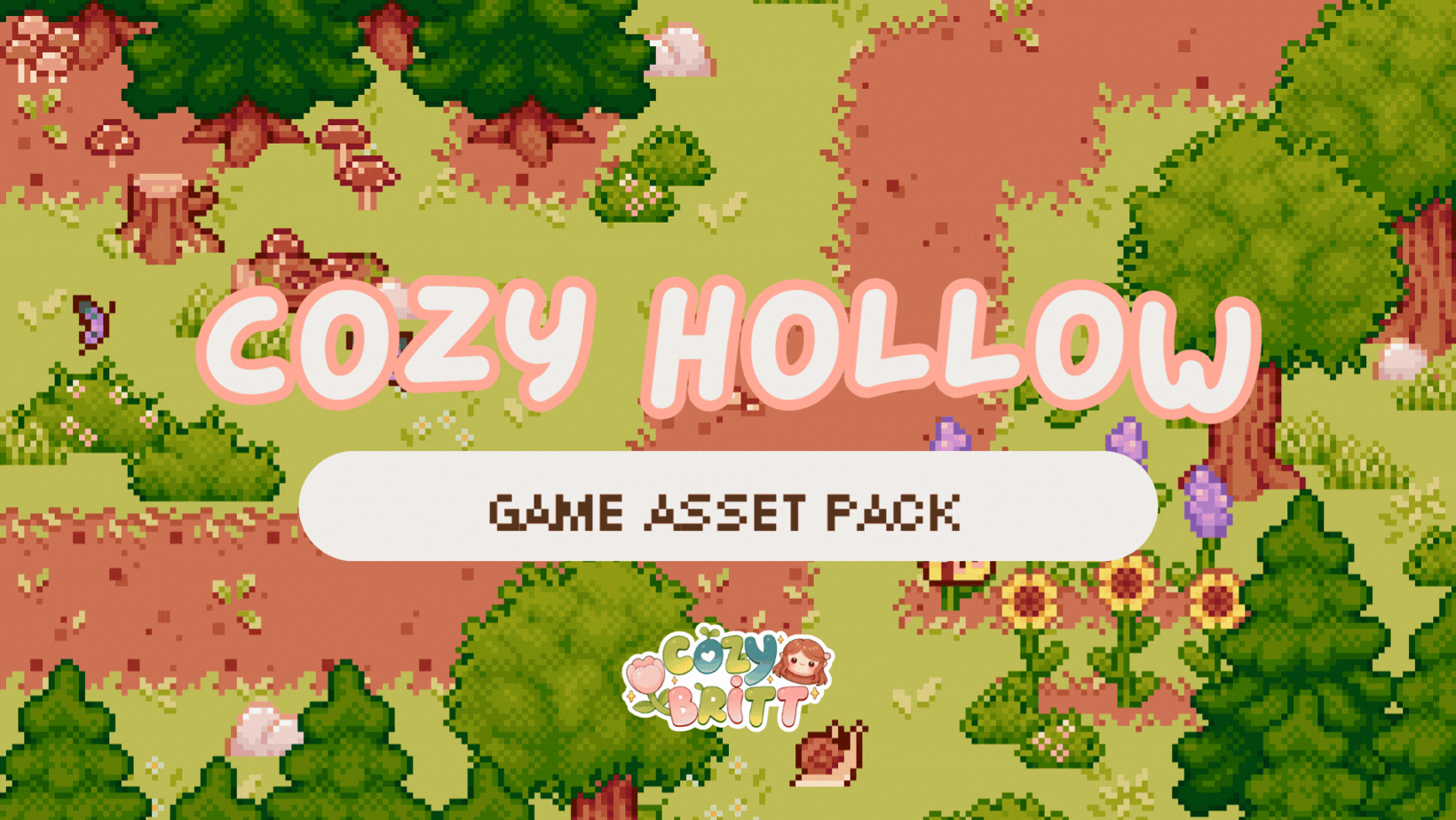 Animated Cozy Hollow pixel art asset pack banner with nature and cottagecore game assets